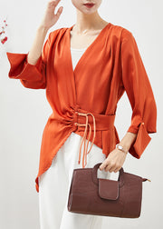 Beautiful Orange Asymmetrical Cinched Tasseled Silk Top Fall