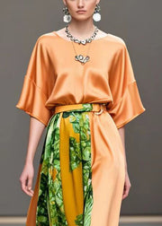 Beautiful Orange Cinched Patchwork Print Silk Long Dress Summer