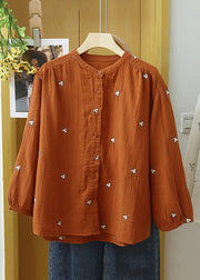 Beautiful Green Flowers Embroideried Button Cotton Blouse Long Sleeve