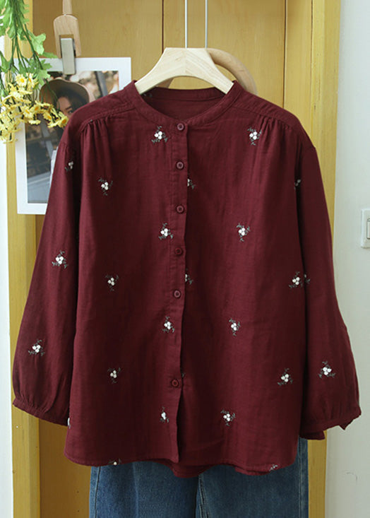 Beautiful Blue Flwowers Embroideried Button Cotton Blouse Long Sleeve