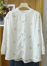 Beautiful Blue Flwowers Embroideried Button Cotton Blouse Long Sleeve