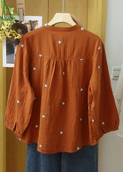 Beautiful Blue Flwowers Embroideried Button Cotton Blouse Long Sleeve