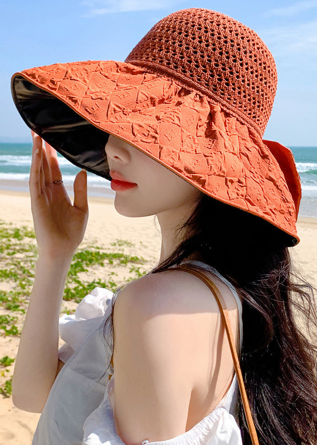 Beautiful Orange Hollow Out Patchwork Knit Floppy Sun Hat