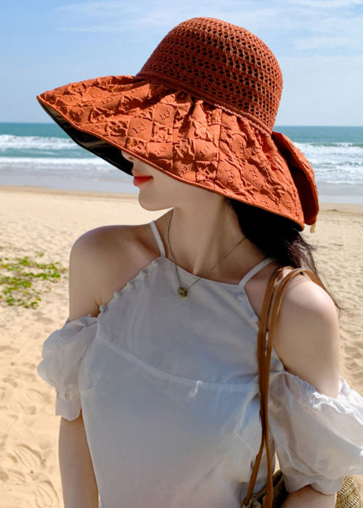 Beautiful Orange Hollow Out Patchwork Knit Floppy Sun Hat