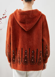 Beautiful Orange Hooded Print Faux Mink Velvet Trench Spring