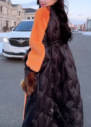 Beautiful Orange O-Neck Drawstring Patchwork Button Leather And Fur Maxi Parka Spring