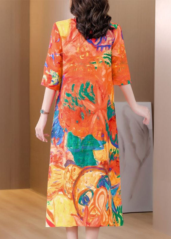 Beautiful Orange O Neck Print Patchwork Silk Dress Summer