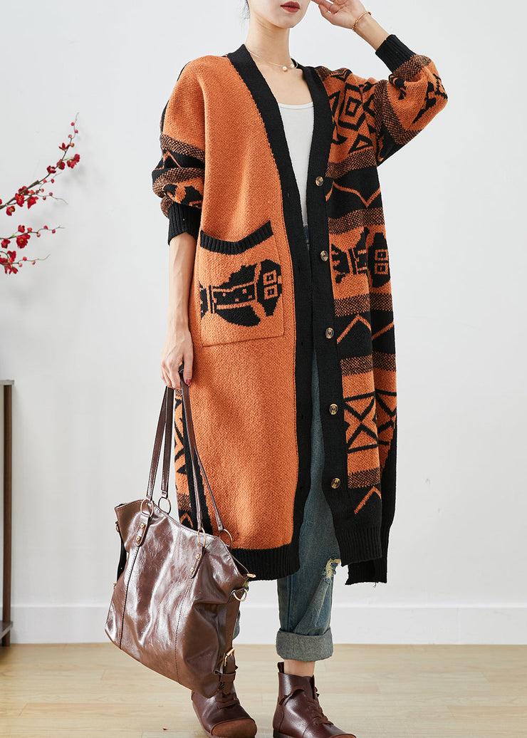 Beautiful Orange Oversized Print Knit Cardigans Fall