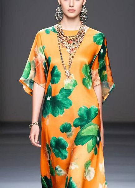 Beautiful Orange Oversized Print Silk Maxi Dress Summer