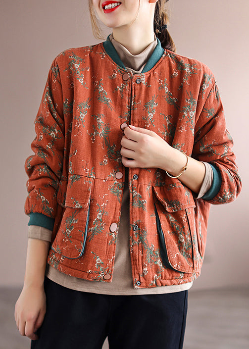 Beautiful Orange Pockets Patchwork Fine Cotton Filled Winter Coats