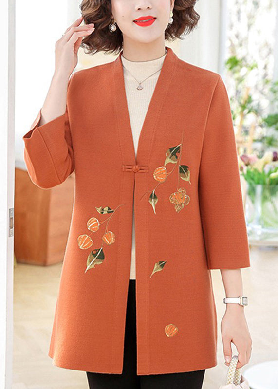 Beautiful Orange Print Cotton Knit Cardigans Bracelet Sleeve