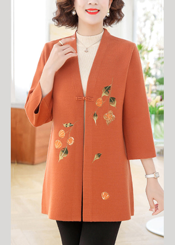 Beautiful Orange Print Cotton Knit Cardigans Bracelet Sleeve