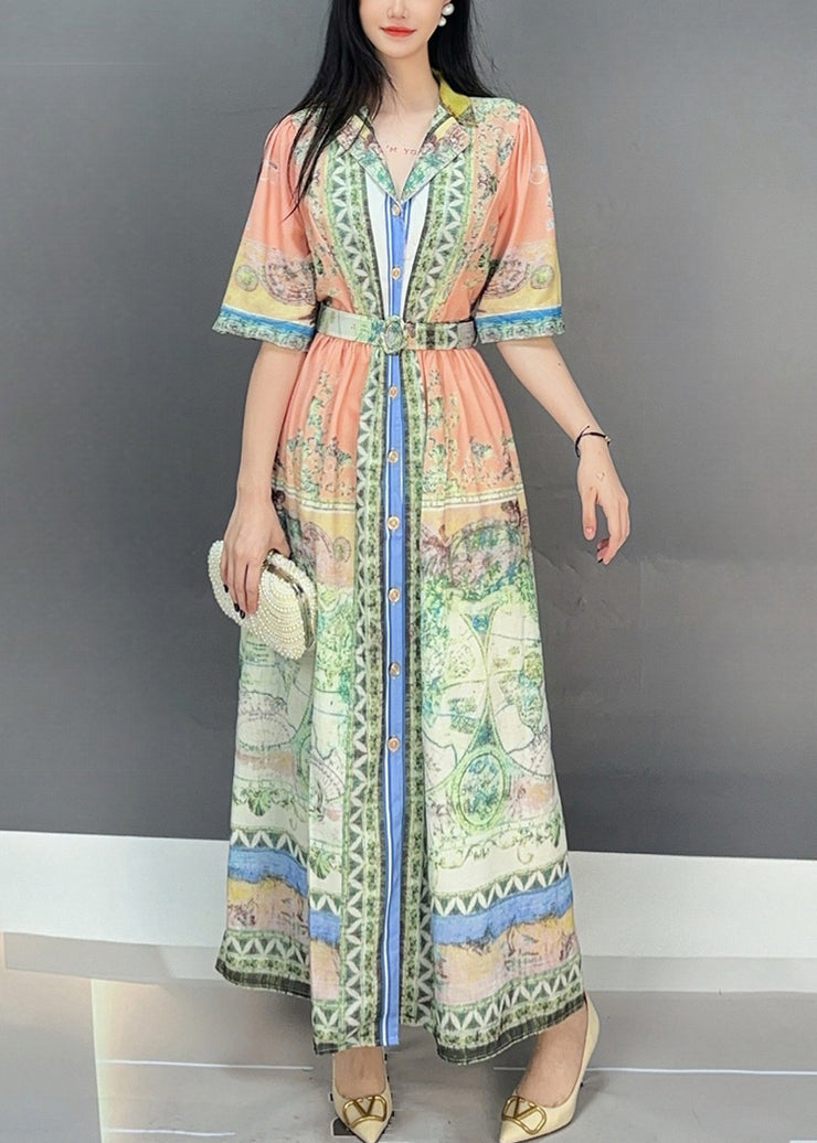 Beautiful Orange Print Tie Waist Cotton Long Dresses Summer