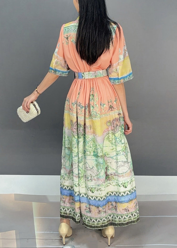 Beautiful Orange Print Tie Waist Cotton Long Dresses Summer