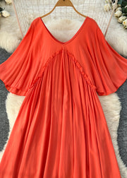 Beautiful Orange Ruffled Cotton A Line Dresses Batwing Sleeve