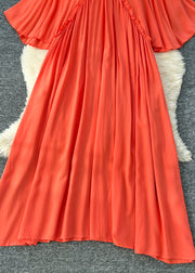 Beautiful Orange Ruffled Cotton A Line Dresses Batwing Sleeve