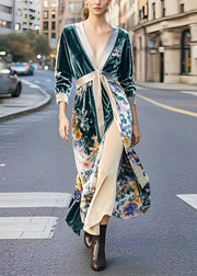 Beautiful Peacock Green Cinched Print Side Open Silk Velvet Dresses Spring