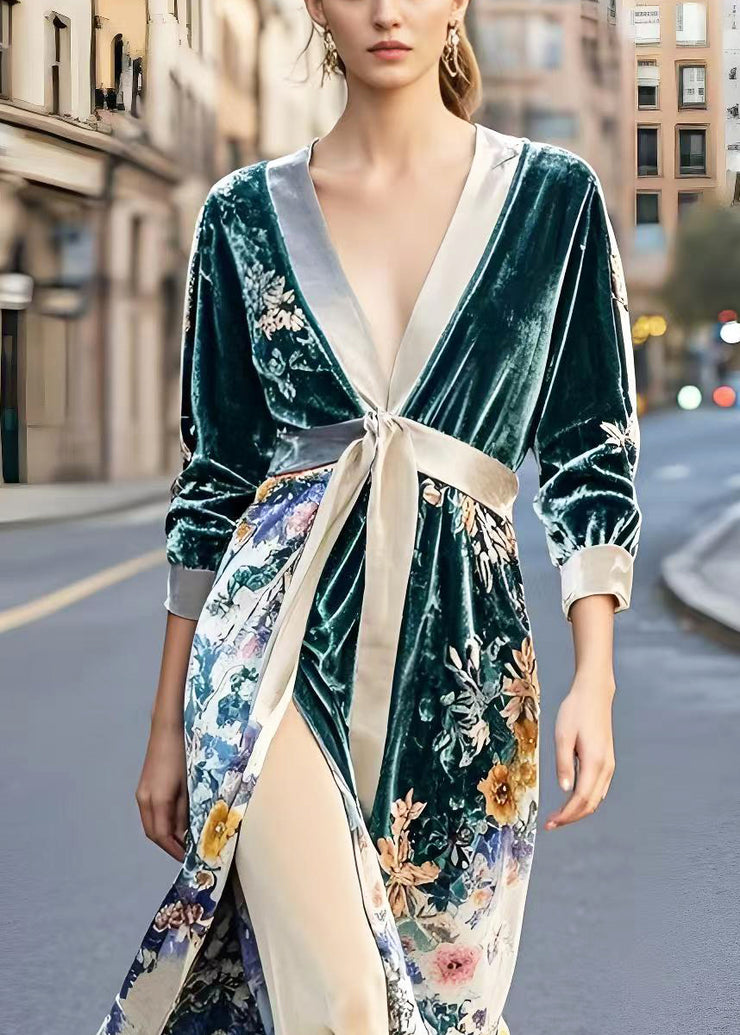 Beautiful Peacock Green Cinched Print Side Open Silk Velvet Dresses Spring