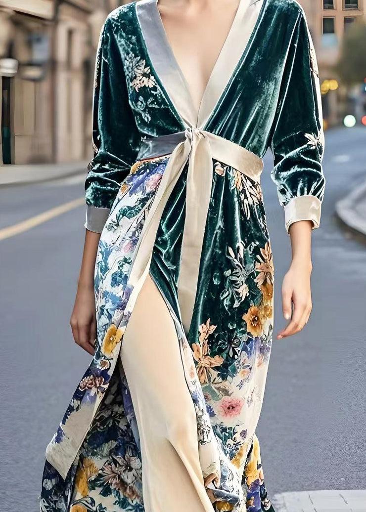 Beautiful Peacock Green Cinched Print Side Open Silk Velvet Dresses Spring