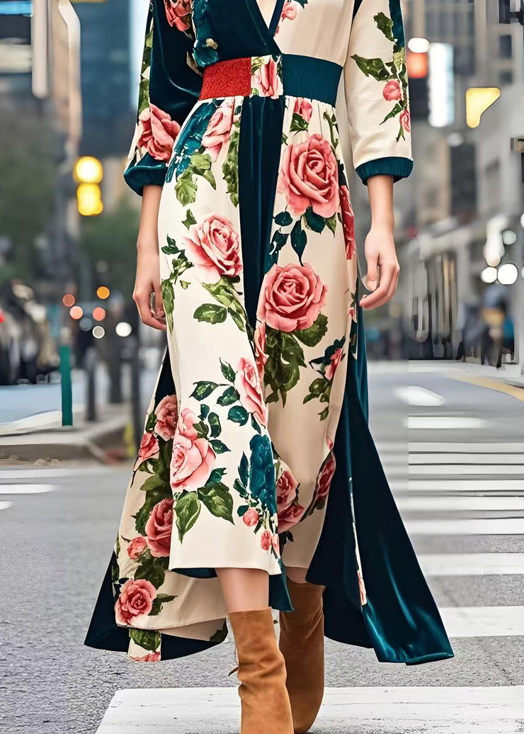 Beautiful Peacock Green Cinched Print Silk Velvet Dress Spring