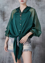 Beautiful Peacock Green Hooded Patchwork Silk Blouse Tops Spring