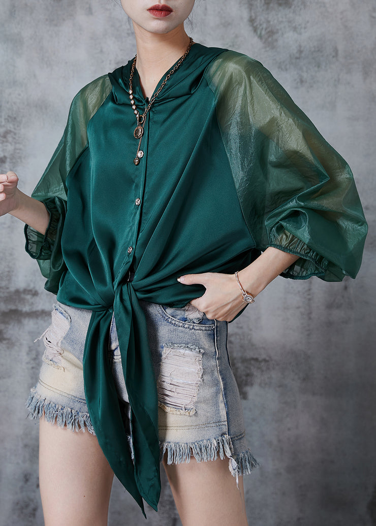 Beautiful Peacock Green Hooded Patchwork Silk Blouse Tops Spring