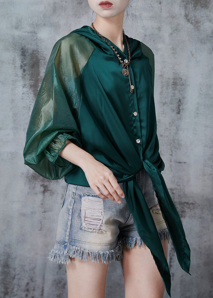 Beautiful Peacock Green Hooded Patchwork Silk Blouse Tops Spring