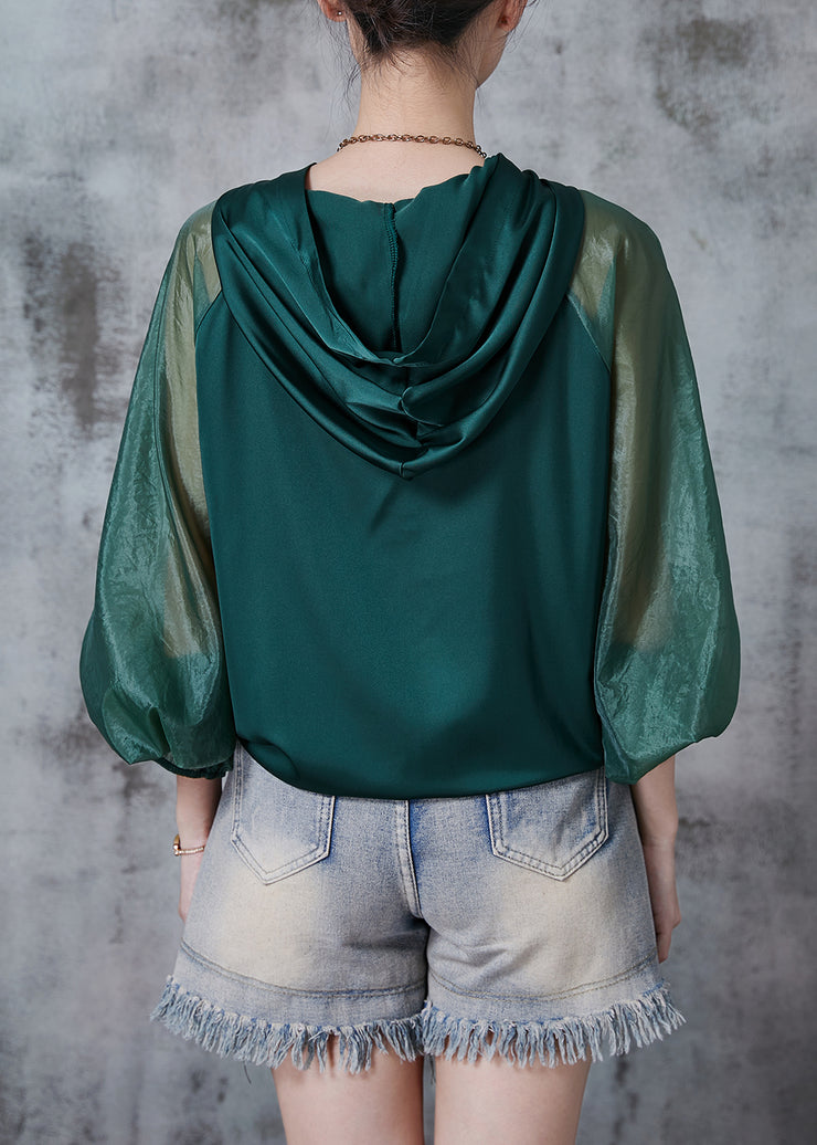 Beautiful Peacock Green Hooded Patchwork Silk Blouse Tops Fall