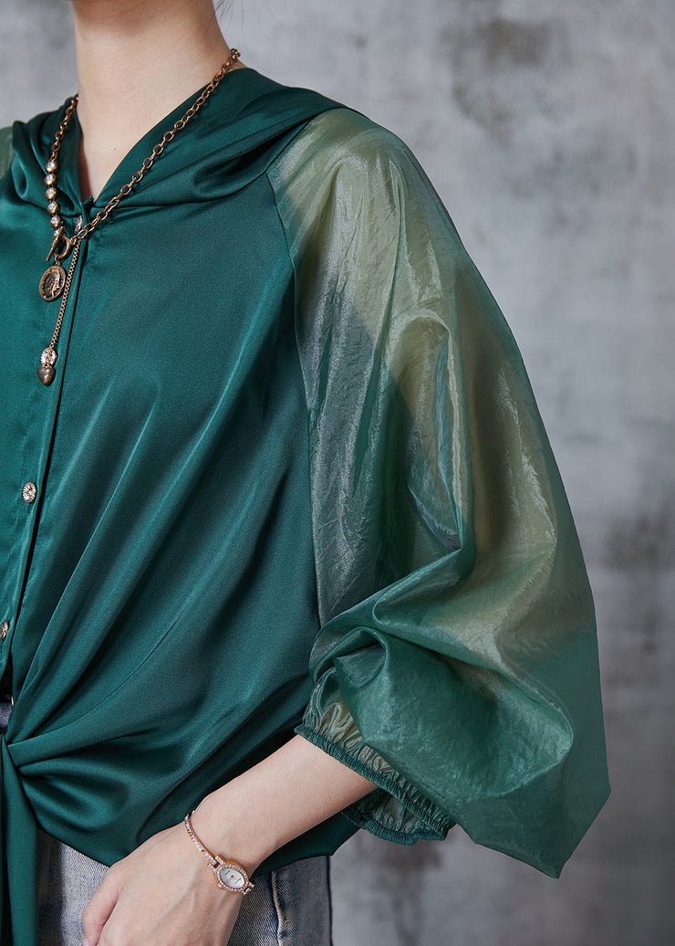 Beautiful Peacock Green Hooded Patchwork Silk Blouse Tops Spring