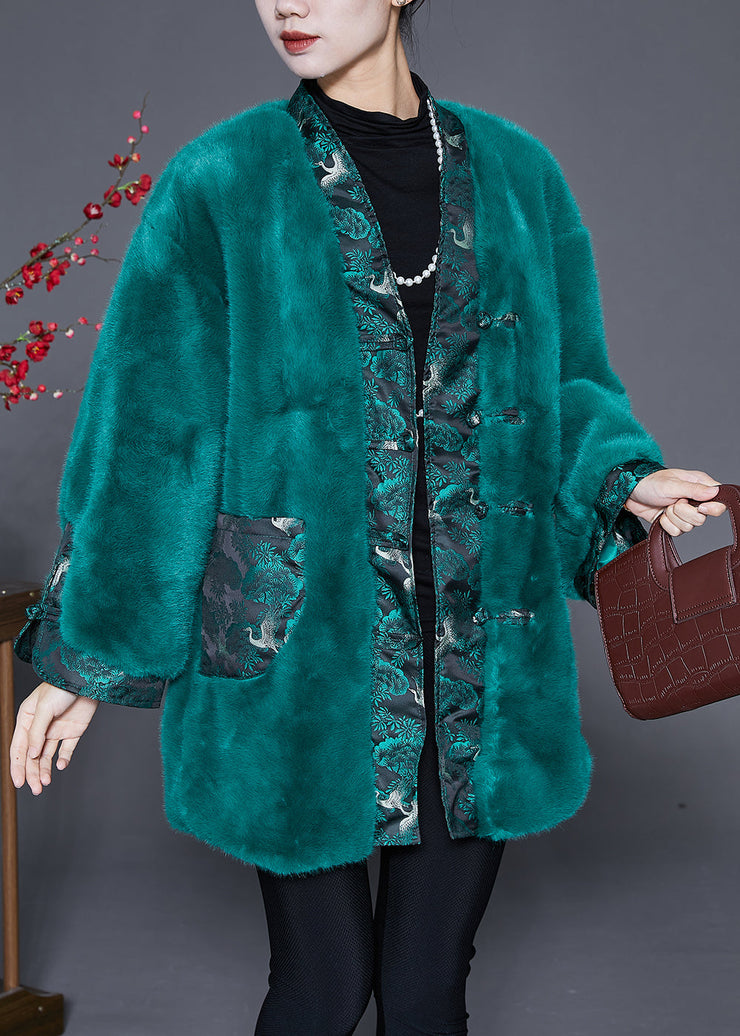 Beautiful Peacock Green Oversized Patchwork Faux Fur Coats Winter