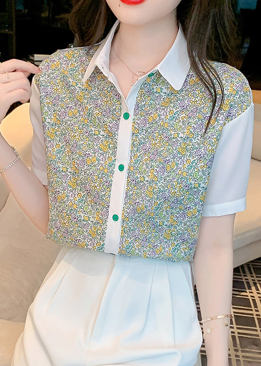 Beautiful Peter Pan Collar Print Button Chiffon Shirt Short Sleeve