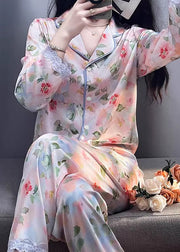 Beautiful Photo Color Print Pockets Lace Silk Pajamas Two Pieces Set Spring