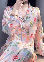 Beautiful Photo Color Print Pockets Lace Silk Pajamas Two Pieces Set Spring