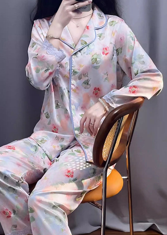 Beautiful Photo Color Print Pockets Lace Silk Pajamas Two Pieces Set Spring