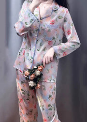 Beautiful Photo Color Print Pockets Lace Silk Pajamas Two Pieces Set Spring