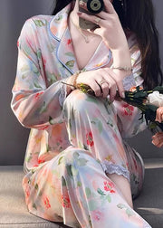 Beautiful Photo Color Print Pockets Lace Silk Pajamas Two Pieces Set Spring