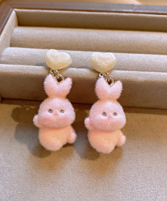 Beautiful Pink Alloy Fuzzy Fur Fluffy Love Little Rabbit Drop Earrings