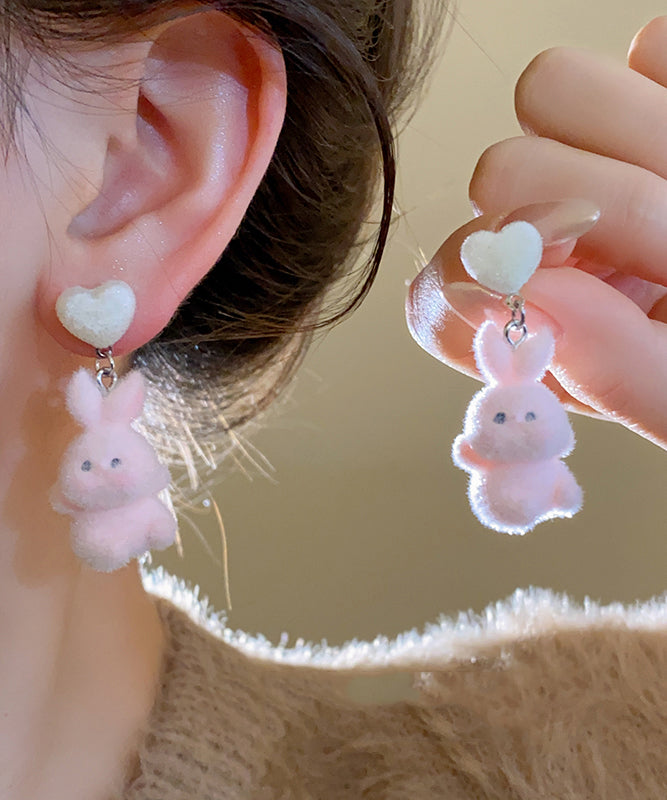 Beautiful Pink Alloy Fuzzy Fur Fluffy Love Little Rabbit Drop Earrings