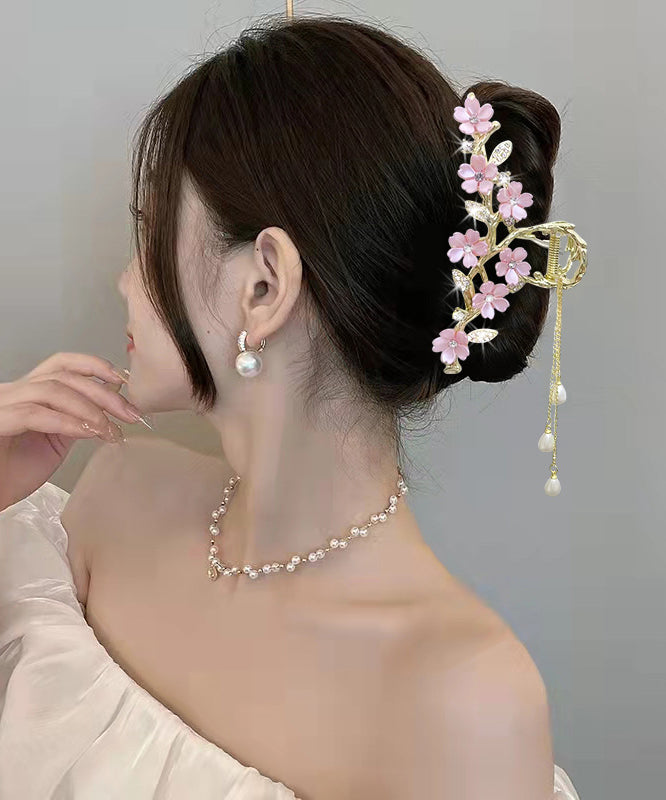 Beautiful Pink Alloy Overgild Zircon Pearl Floral Tassel Hairpin