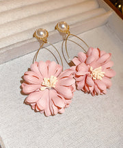 Beautiful Pink Alloy Pearl Cloth Chrysanthemum Drop Earrings