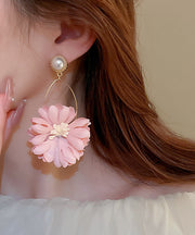 Beautiful Pink Alloy Pearl Cloth Chrysanthemum Drop Earrings