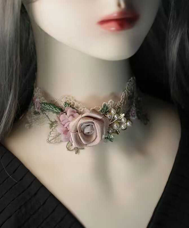 Beautiful Pink Alloy Pearl Lace Floral Necklace