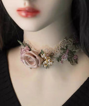 Beautiful Pink Alloy Pearl Lace Floral Necklace