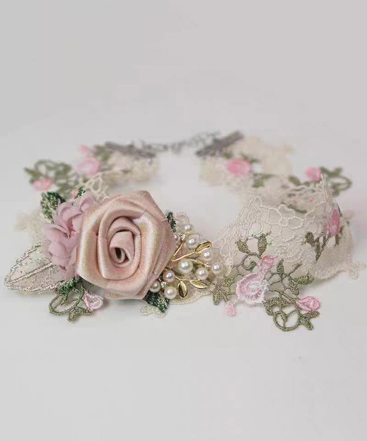 Beautiful Pink Alloy Pearl Lace Floral Necklace