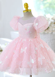 Beautiful Pink Butterfly Sequins Tulle Kids Long Dresses Summer