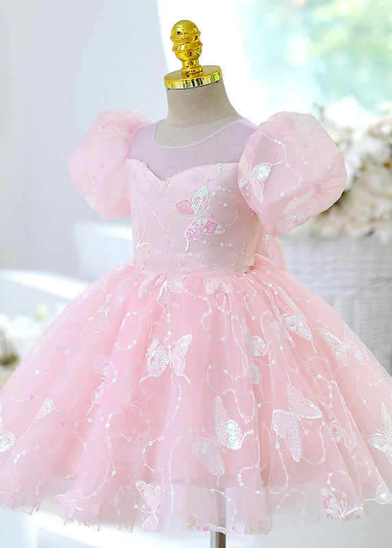 Beautiful Pink Butterfly Sequins Tulle Kids Long Dresses Summer