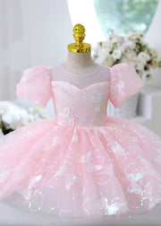 Beautiful Pink Butterfly Sequins Tulle Kids Long Dresses Summer