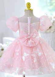 Beautiful Pink Butterfly Sequins Tulle Kids Long Dresses Summer