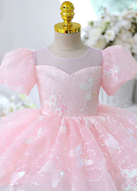 Beautiful Pink Butterfly Sequins Tulle Kids Long Dresses Summer