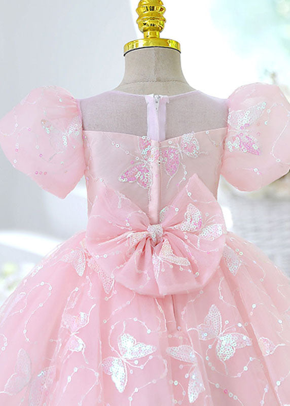 Beautiful Pink Butterfly Sequins Tulle Kids Long Dresses Summer